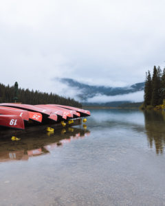 Moored canoes at Emerald Lake Canoe dock, Canadian Rockies, Alberta, Canada Moored canoes at Emerald Lake Canoe dock, Canadian Rockies, Alberta, Canada
